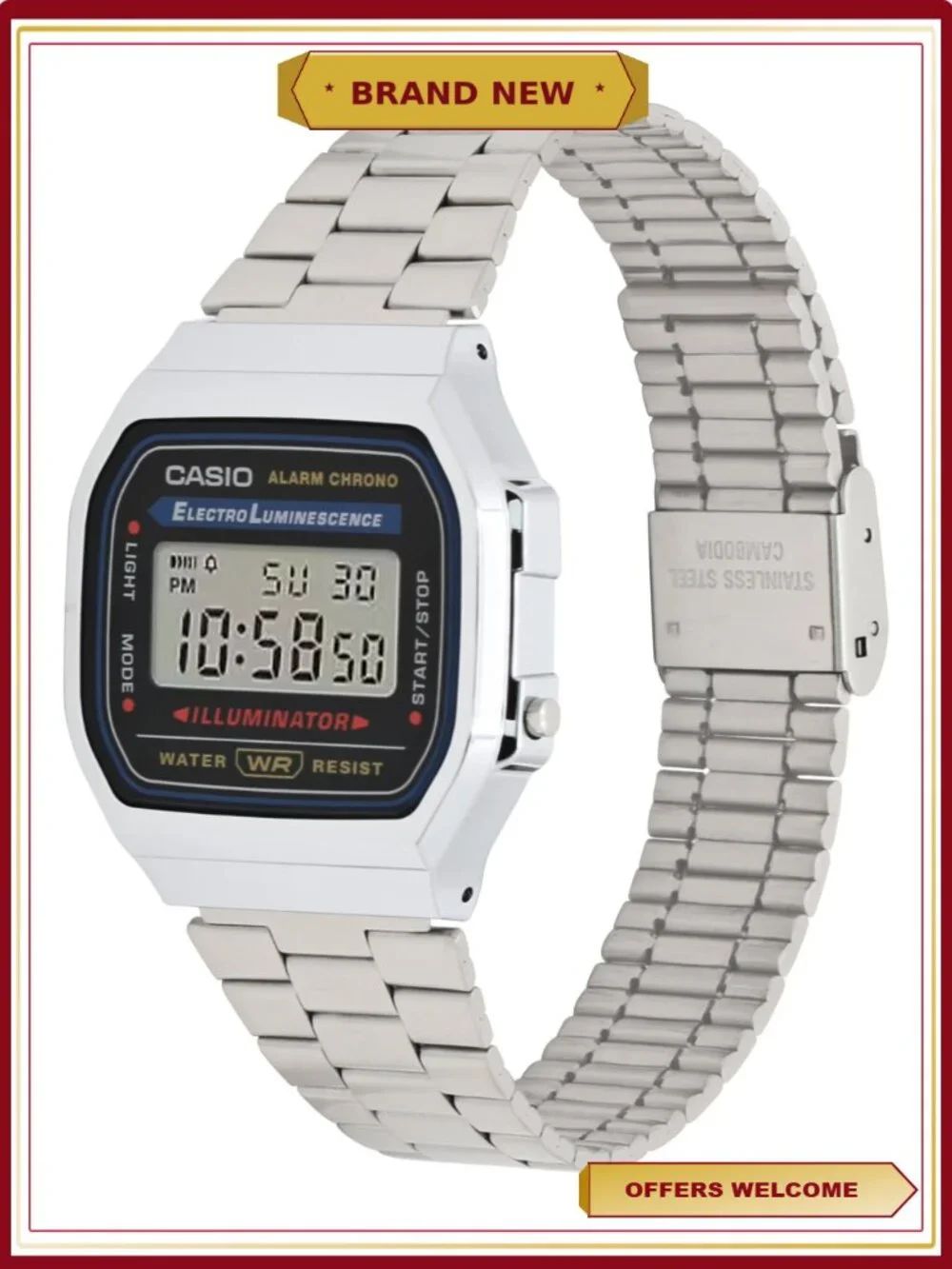 Casio Stainless Steel Digital Wristwatch Silver Black Retro Classic